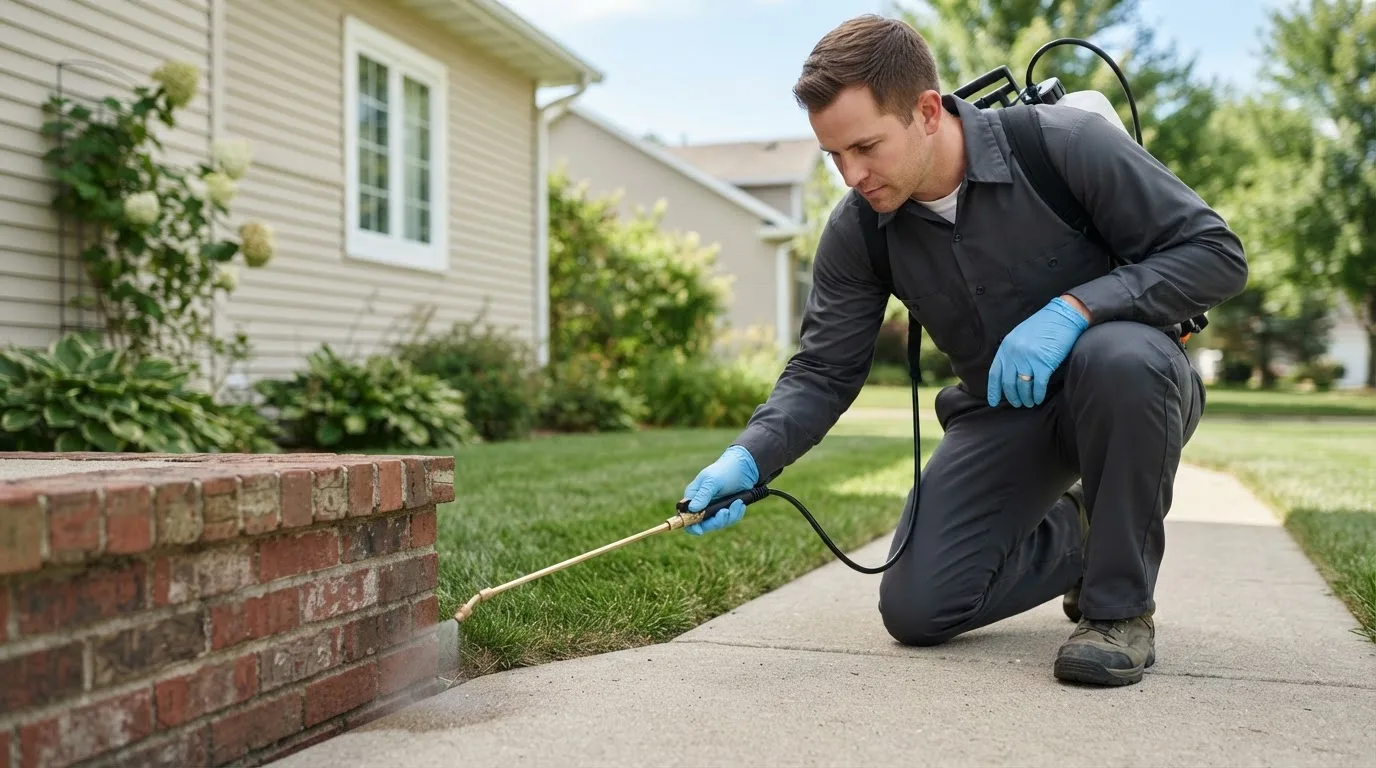 Pest control technician treating a home near Corn, OK