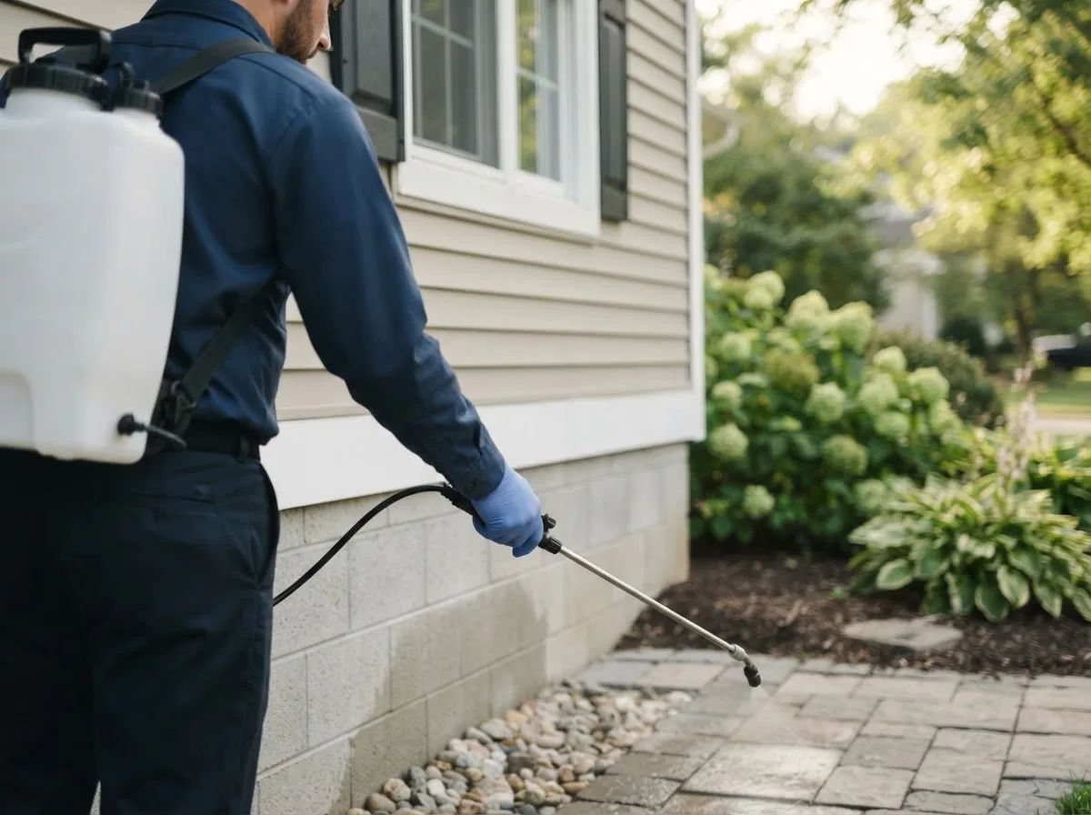 Pest control technician inspecting a home in Corn, OK